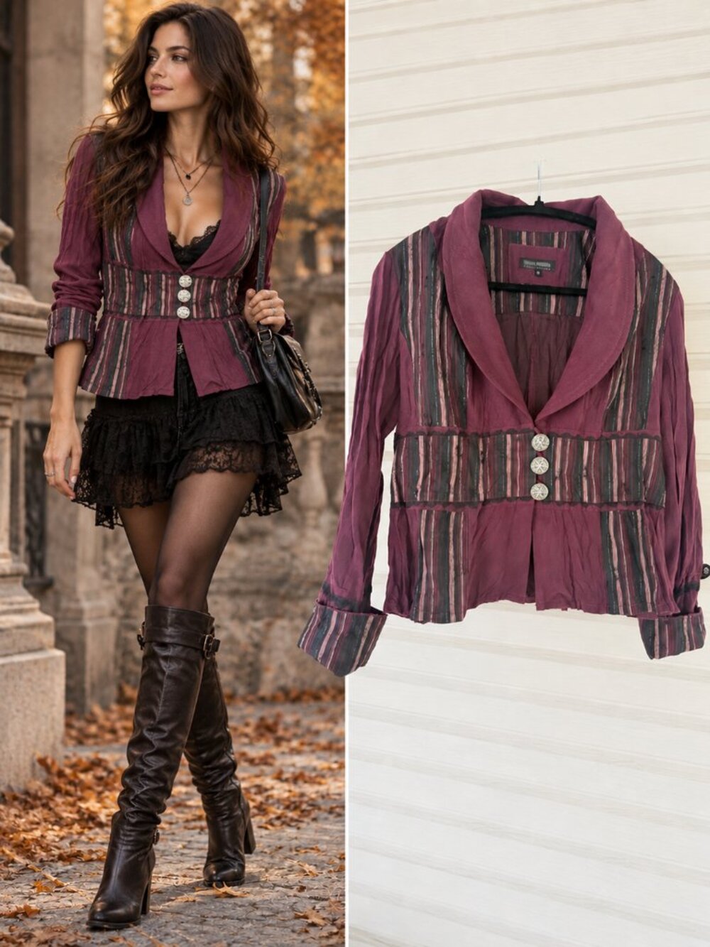Terra Nostra Burgundy Multicolor Striped Tailored Jacket 3 Button Whimsigoth 10
